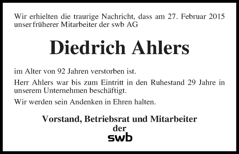Traueranzeige von Diedrich Ahlers von WESER-KURIER