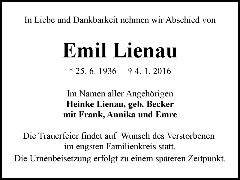 Traueranzeige von Emil Lienau von WESER-KURIER