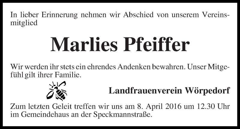 Traueranzeige von Marlies Pfeiffer von Wuemme Zeitung