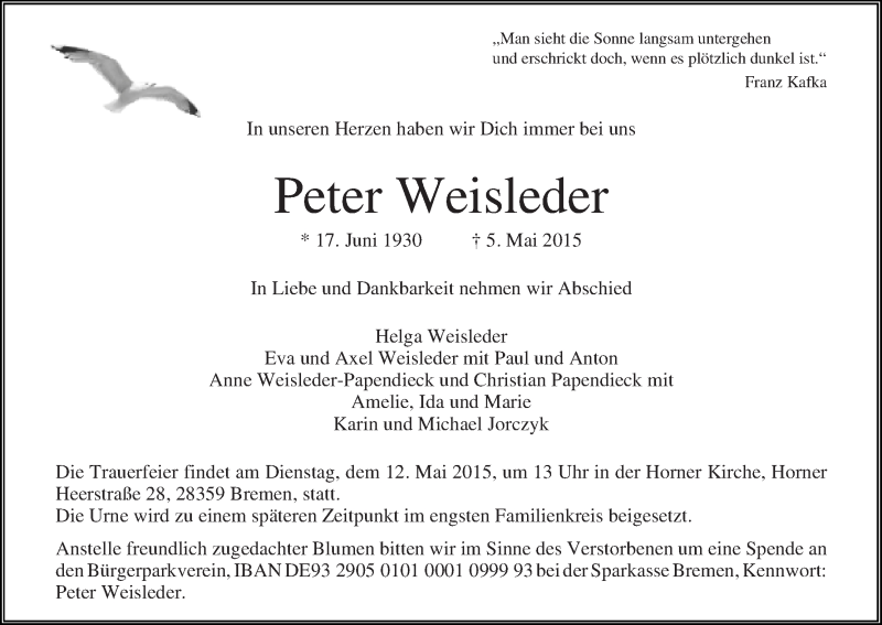 Traueranzeige von Peter Weisleder von WESER-KURIER