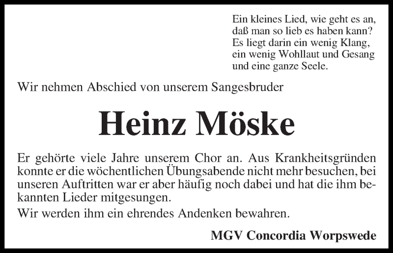Traueranzeige von Heinz Möske von Wuemme Zeitung