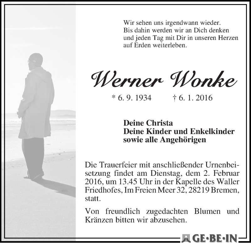 Traueranzeige von Werner Wonke von WESER-KURIER