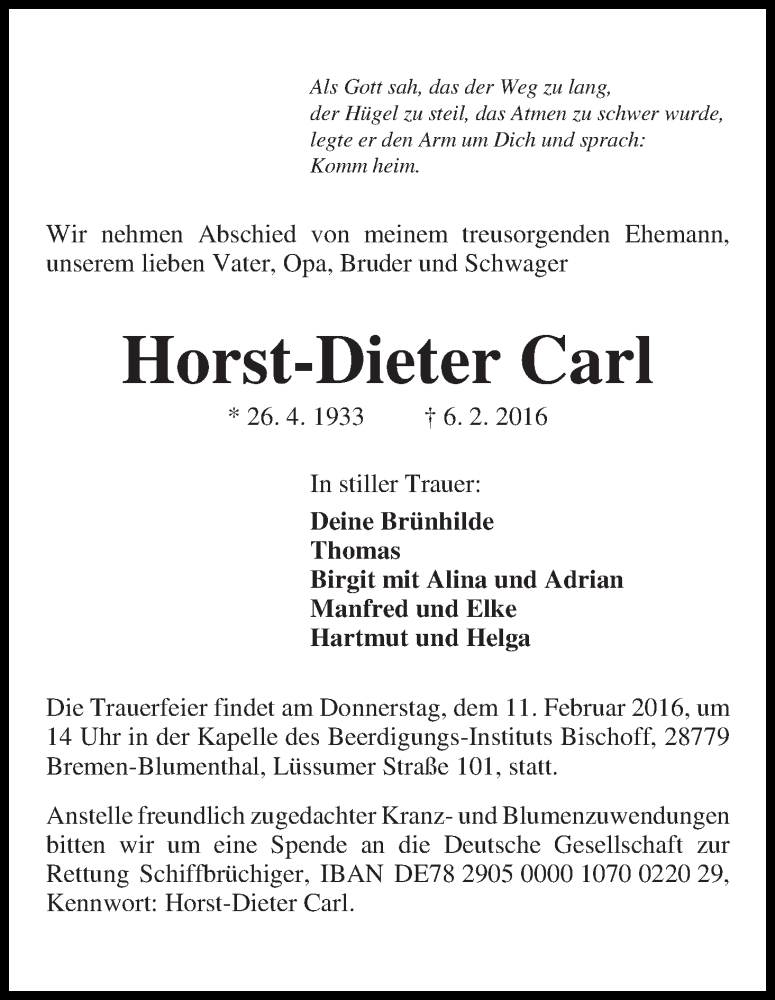 Traueranzeige von Horst-Dieter Carl von Die Norddeutsche