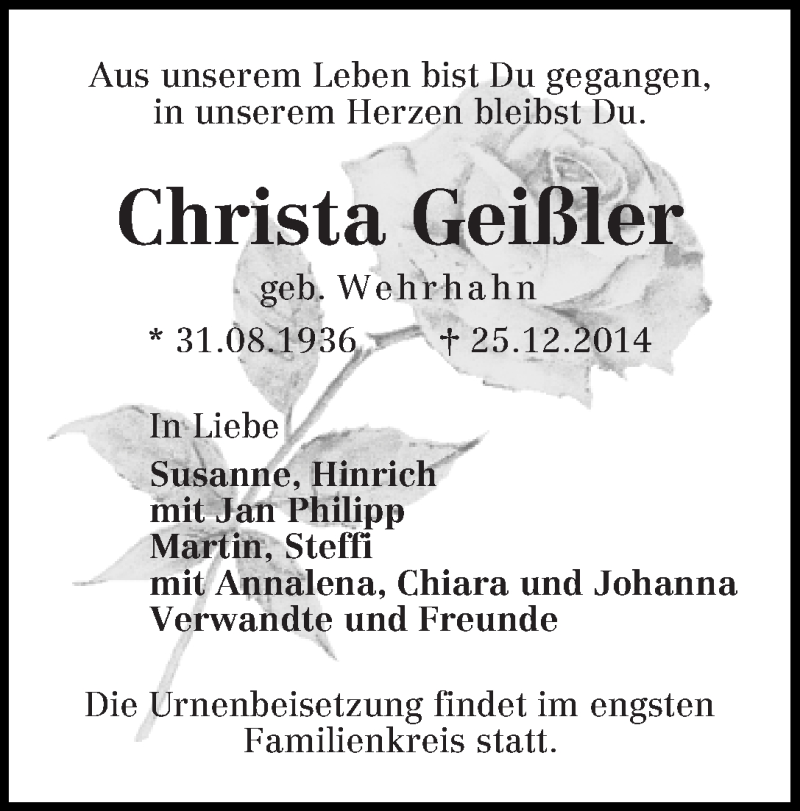  Traueranzeige für Christa Geißler vom 03.01.2015 aus WESER-KURIER