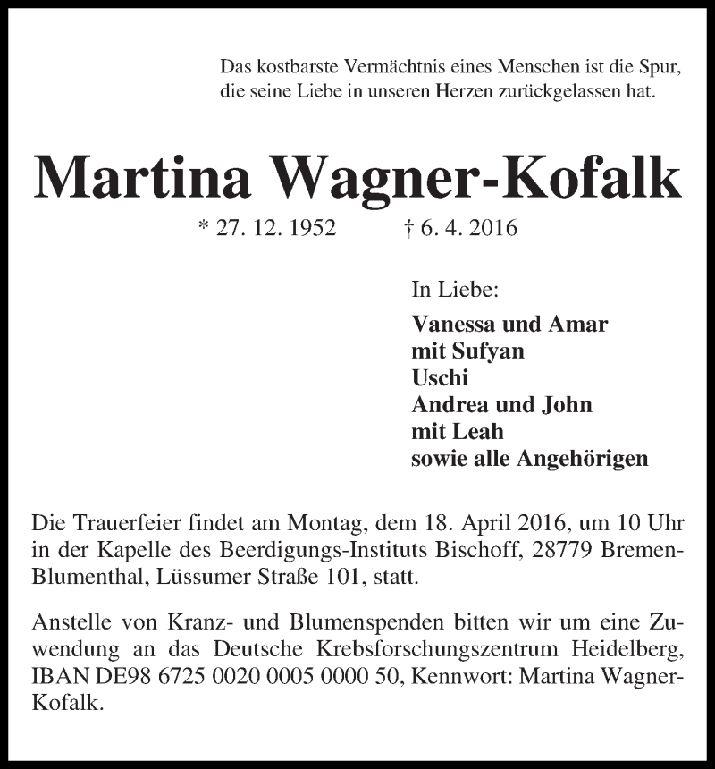 Traueranzeige von Martina Wagner-Kofalk von Die Norddeutsche