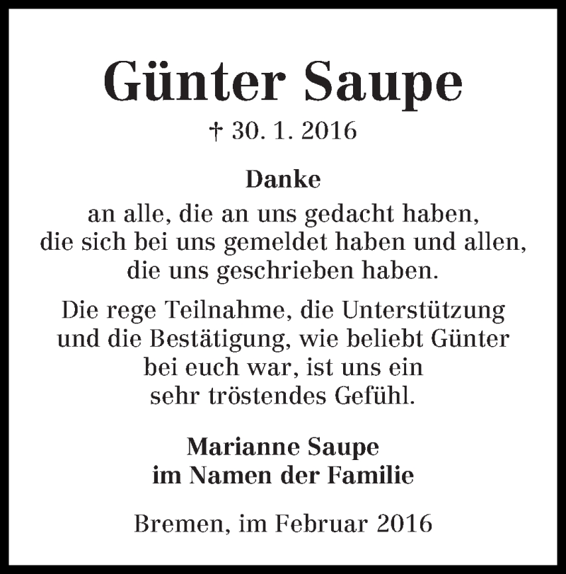 Traueranzeige von Günter Saupe von WESER-KURIER