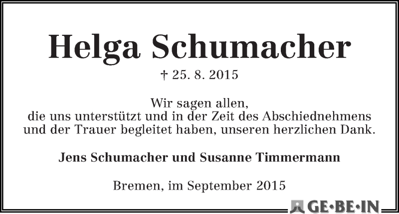  Traueranzeige für Helga Schumacher vom 12.09.2015 aus WESER-KURIER
