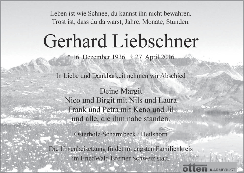 Traueranzeige von Gerhard Liebscher von Osterholzer Kreisblatt