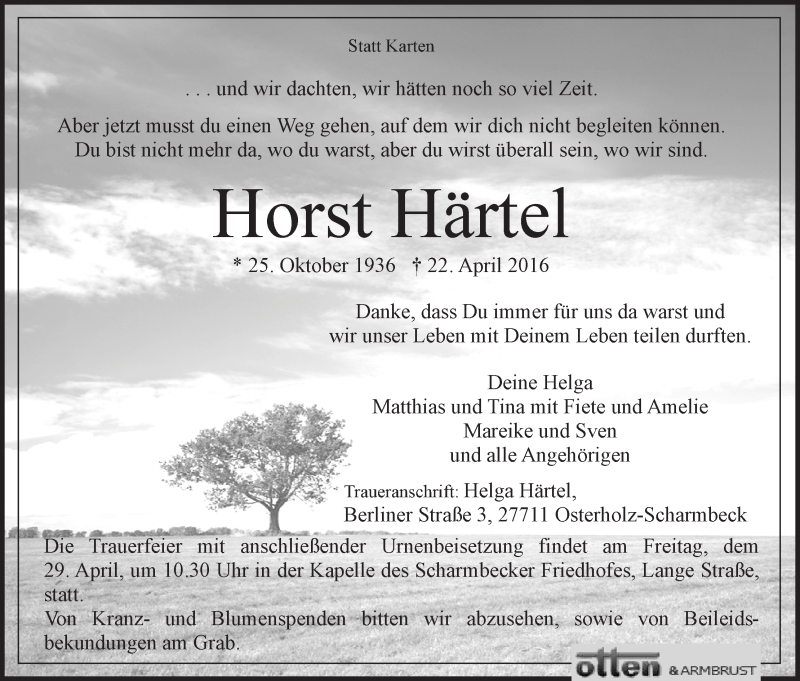 Traueranzeige von Horst Härtel von Osterholzer Kreisblatt