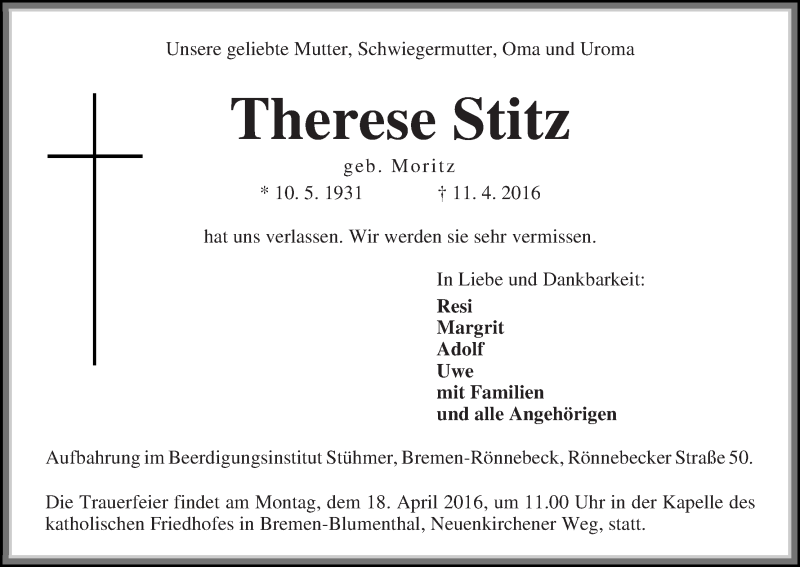 Traueranzeige von Therese Stitz von Die Norddeutsche
