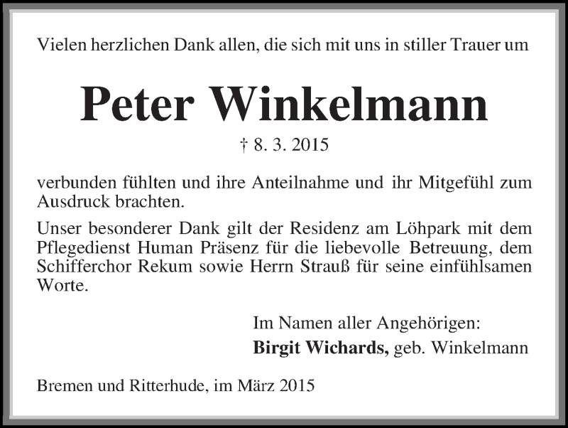 Traueranzeige von Peter Winkelmann von Die Norddeutsche