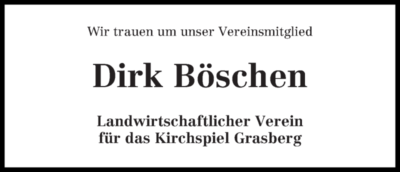  Traueranzeige für Dirk Böschen vom 15.08.2015 aus Wuemme Zeitung