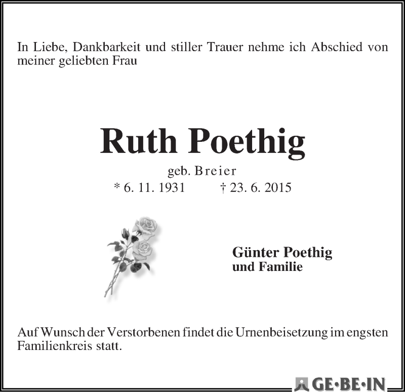  Traueranzeige für Ruth Poethig vom 27.06.2015 aus WESER-KURIER