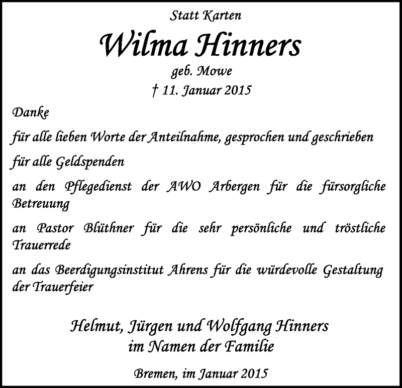 Traueranzeige von Wilma Hinners von WESER-KURIER