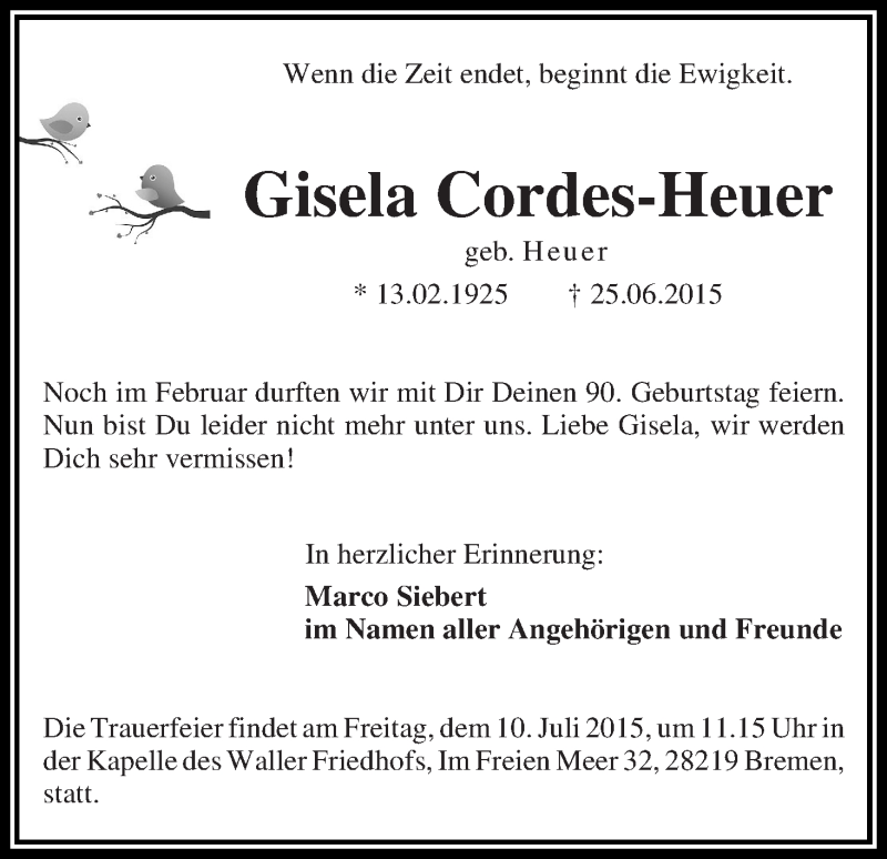 Traueranzeige von Gisela Cordes-Heuer von Die Norddeutsche