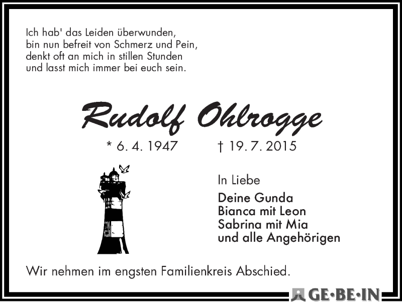 Traueranzeige von Rudolf Ohlrogge von WESER-KURIER