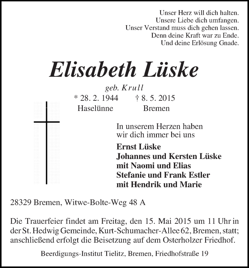 Traueranzeige von Elisabeth Lüske von WESER-KURIER