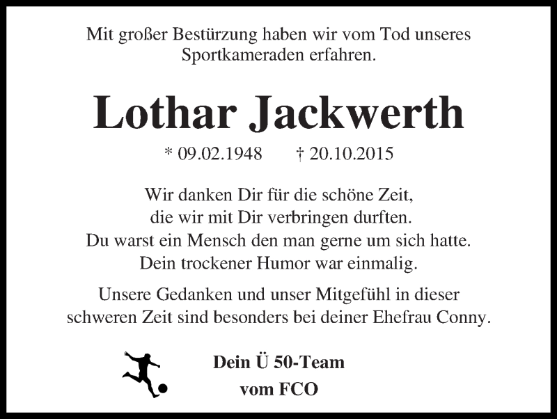  Traueranzeige für Lothar Jackwerth vom 24.10.2015 aus WESER-KURIER