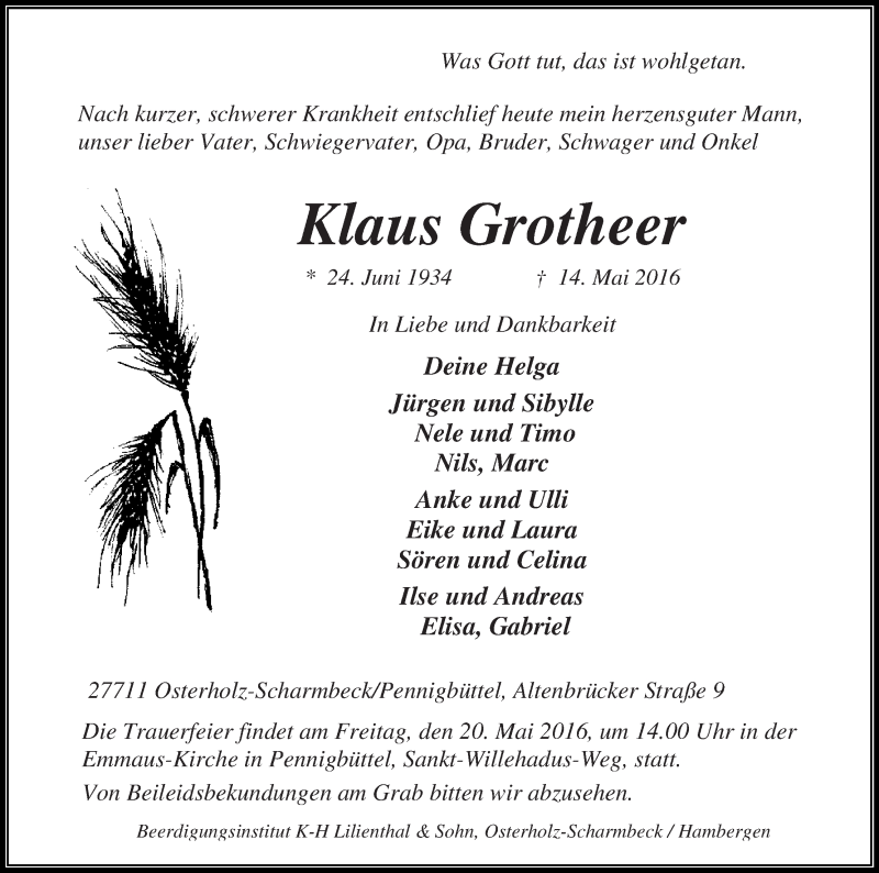Traueranzeige von Klaus Grotheer von Osterholzer Kreisblatt