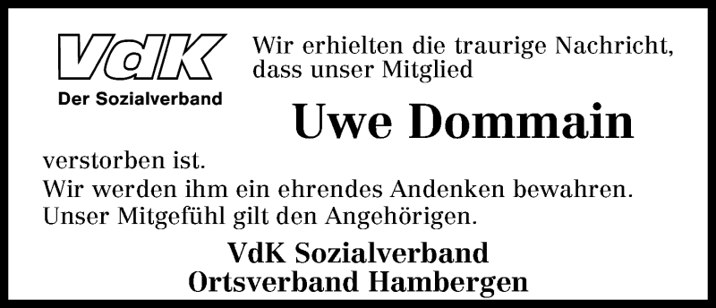Traueranzeige von Uwe Dommain von Osterholzer Kreisblatt