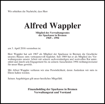 Traueranzeige von Alfred Wappler