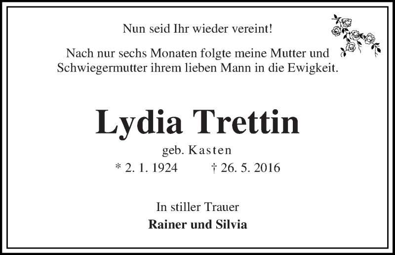  Traueranzeige für Lydia Trettin vom 04.06.2016 aus WESER-KURIER