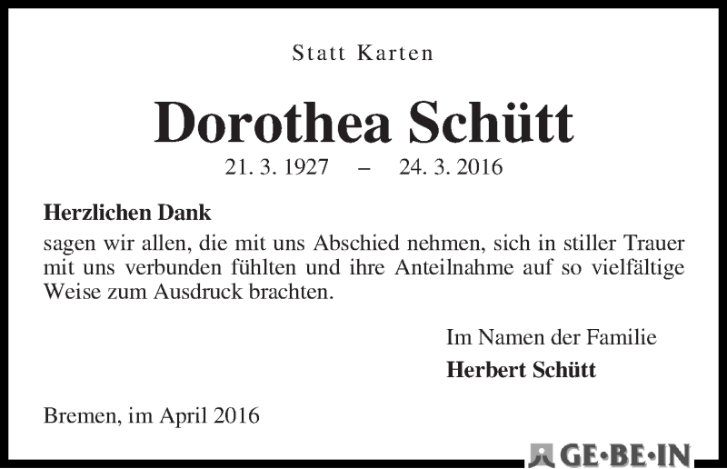 Traueranzeige von Dorothea Schütt von WESER-KURIER