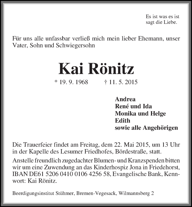 Traueranzeige von Kai Rönitz von WESER-KURIER