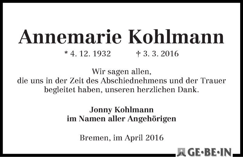 Traueranzeige von Annemarie Kohlmann von Wuemme Zeitung