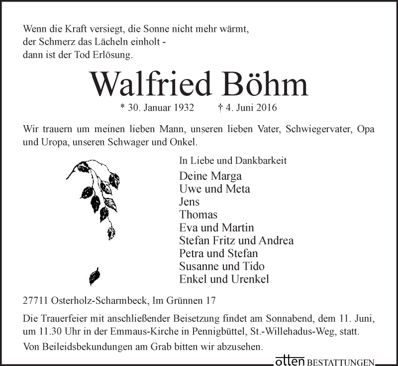 Traueranzeige von Walfried Böhm von Osterholzer Kreisblatt