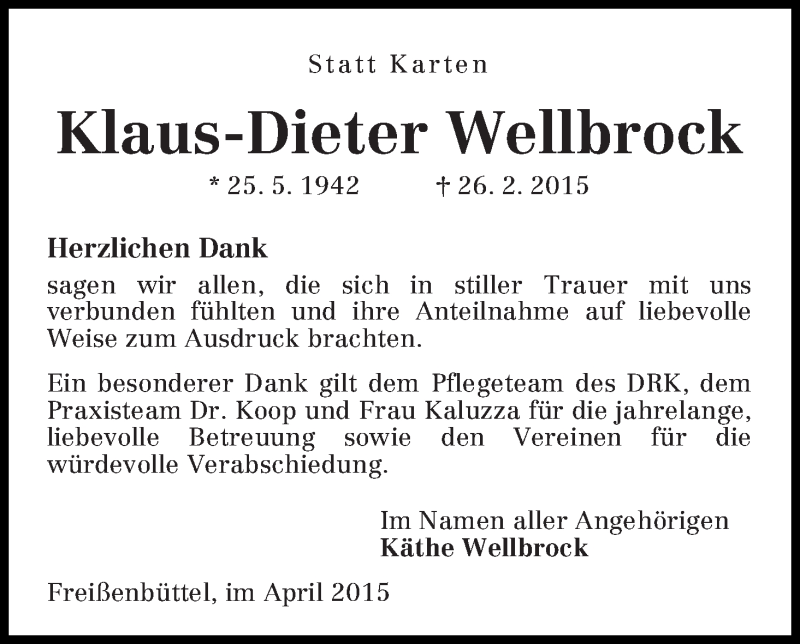  Traueranzeige für Klaus-Dieter Wellbrock vom 04.04.2015 aus Osterholzer Kreisblatt