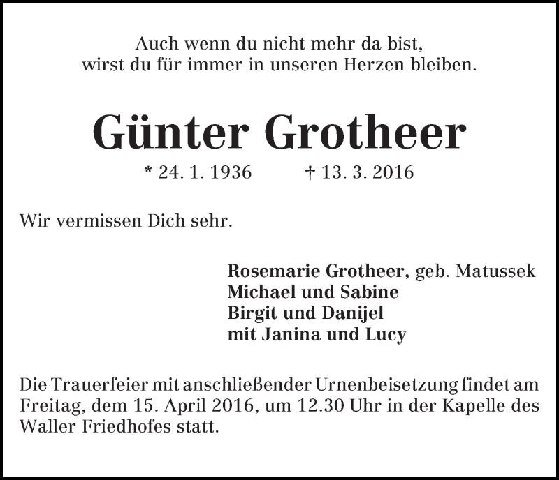 Traueranzeige von Günter Grotheer von WESER-KURIER