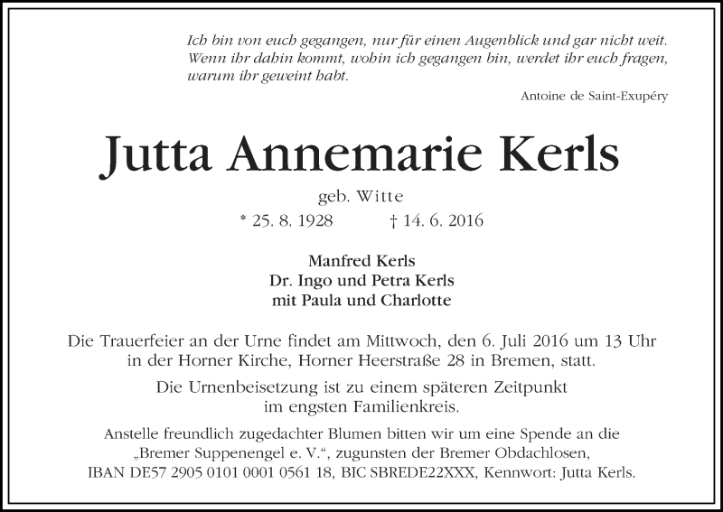 Traueranzeige von Jutta Annemarie Kerls von WESER-KURIER