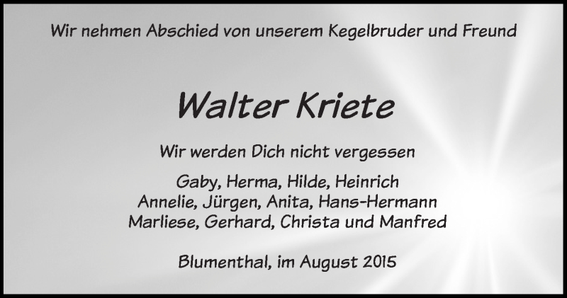  Traueranzeige für Walter Kriete vom 24.08.2015 aus Die Norddeutsche