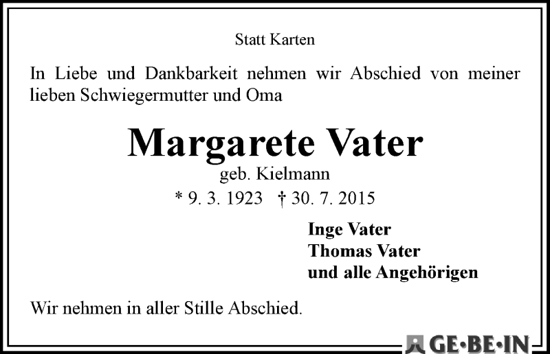 Traueranzeige von Margarete Vater von WESER-KURIER