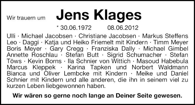  Traueranzeige für Jens Klages vom 16.06.2012 aus 