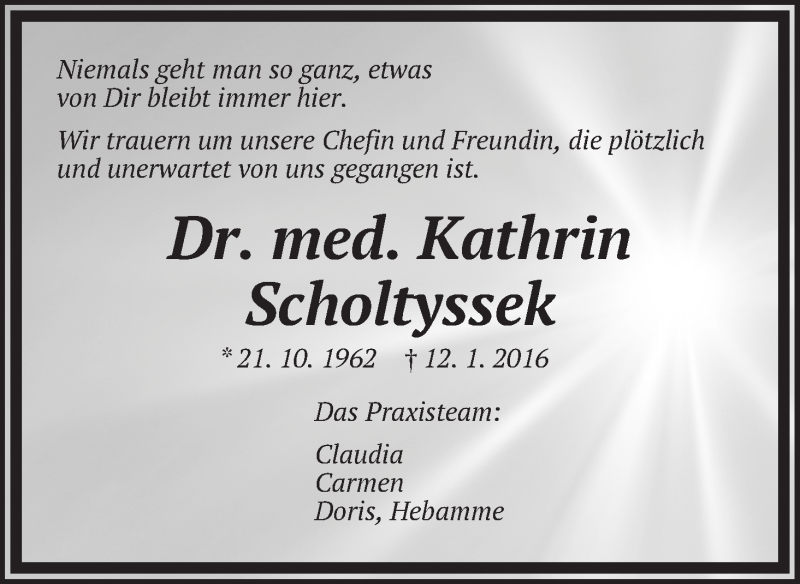  Traueranzeige für Kathrin Scholtyssek vom 20.01.2016 aus Die Norddeutsche
