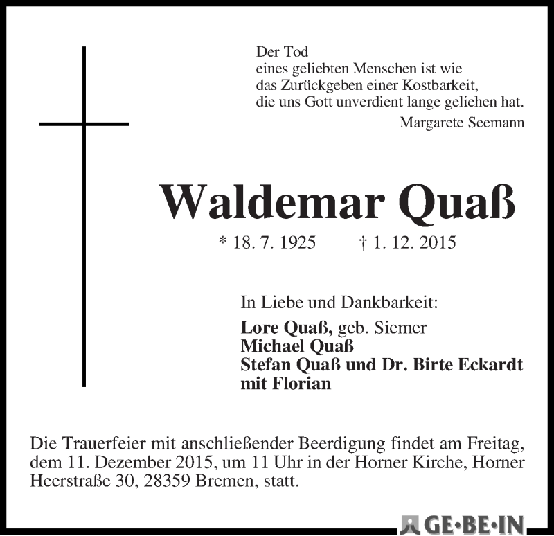Traueranzeige von Waldemar Quaß von WESER-KURIER