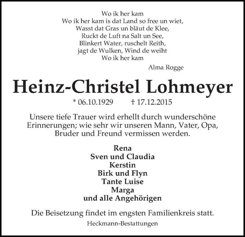 Traueranzeige von Heinz-Christel Lohmeyer von Die Norddeutsche