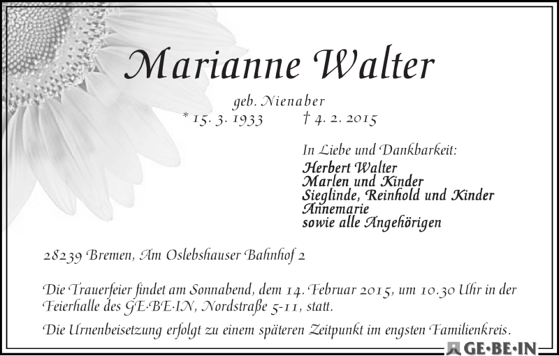 Traueranzeige von Marianne Walter von WESER-KURIER