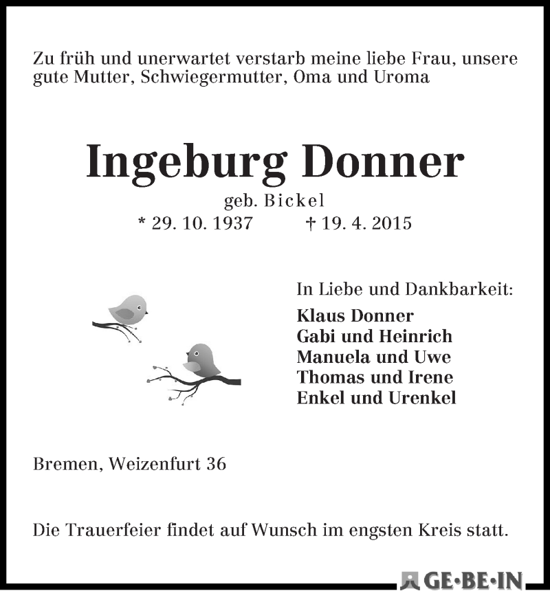 Traueranzeige von Ingeburg Donner von Die Norddeutsche