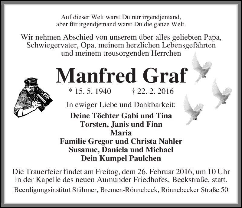 Traueranzeige von Manfred Graf von Die Norddeutsche