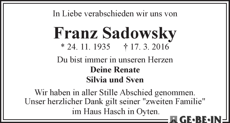 Traueranzeige von Franz Sadowsky von WESER-KURIER