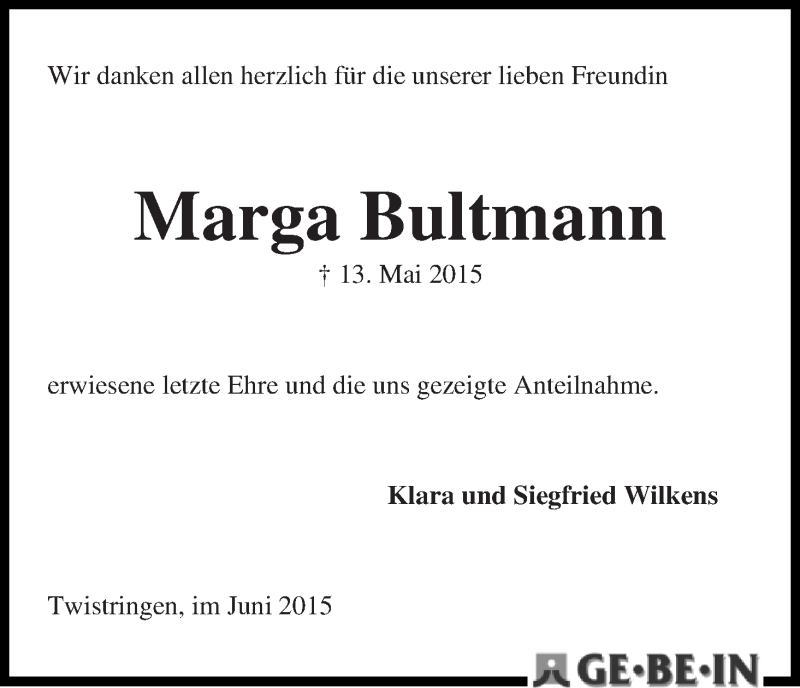 Traueranzeige von Marga Bultmann von WESER-KURIER