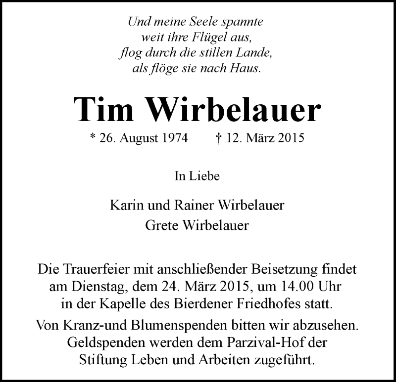 Traueranzeige von Tim Wirbelauer von WESER-KURIER