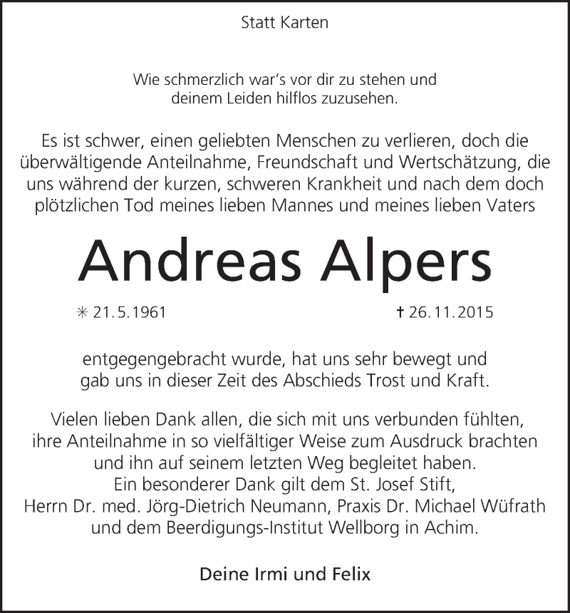 Traueranzeige von Andreas Alpers von WESER-KURIER
