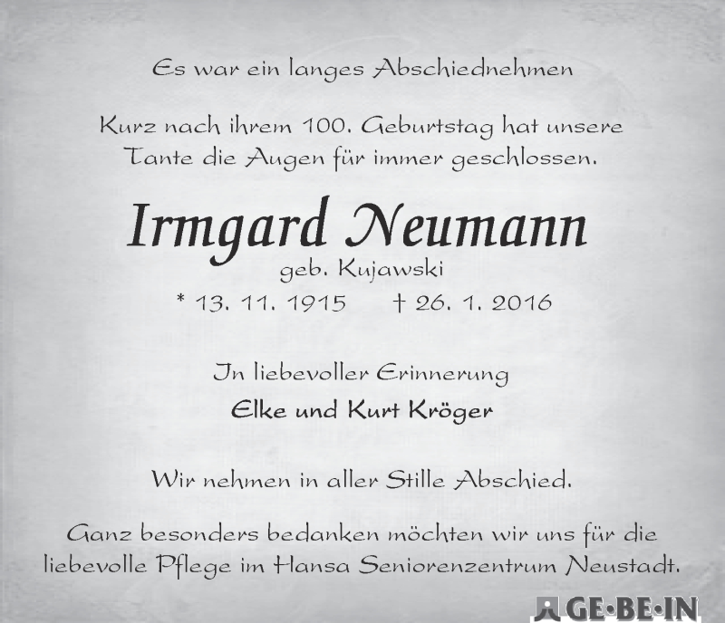 Traueranzeige von Irmgard Neumann von WESER-KURIER
