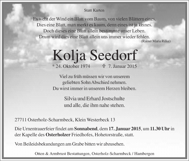 Traueranzeige von Kolja Seedorf von Osterholzer Kreisblatt
