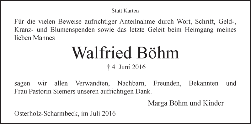 Traueranzeige von Walfried Böhm von Osterholzer Kreisblatt