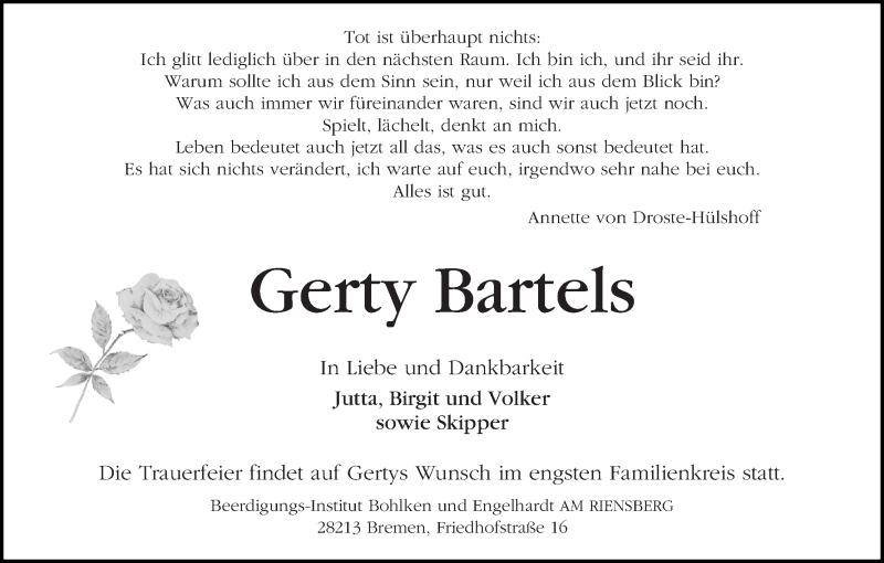  Traueranzeige für Gerty Bartels vom 19.12.2015 aus WESER-KURIER